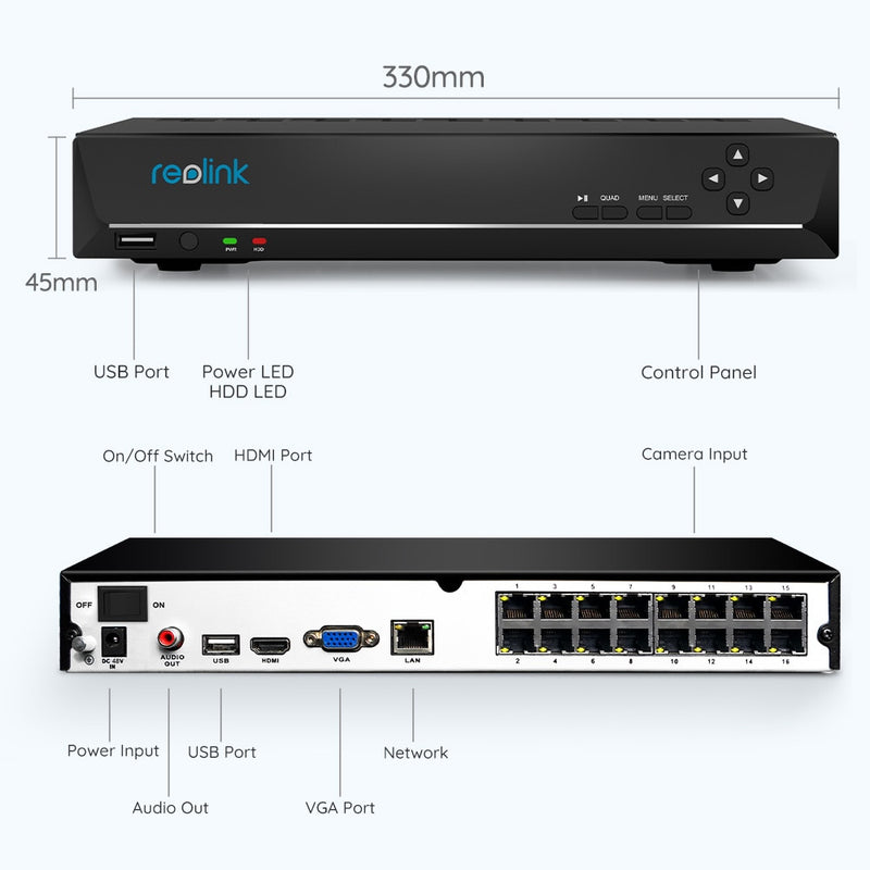 [Detección de humanos/coches]Reolink 16ch NVR 4/5MP 4K 12MP PoE Network Video Recorder con 3T/4TB HDD para cámaras IP de seguridad RLN16-410