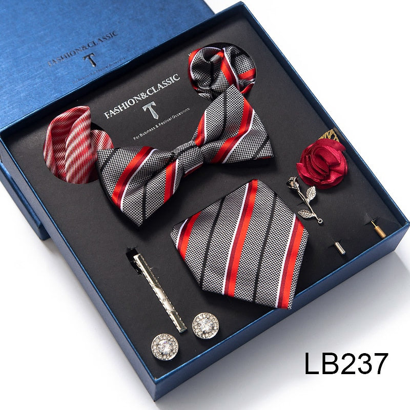 Envío Gratis, conjunto de corbata para hombre, caja de regalo de lujo, conjunto de corbata de seda, 8 Uds., embalaje interior, regalo festivo, pañuelos de bolsillo