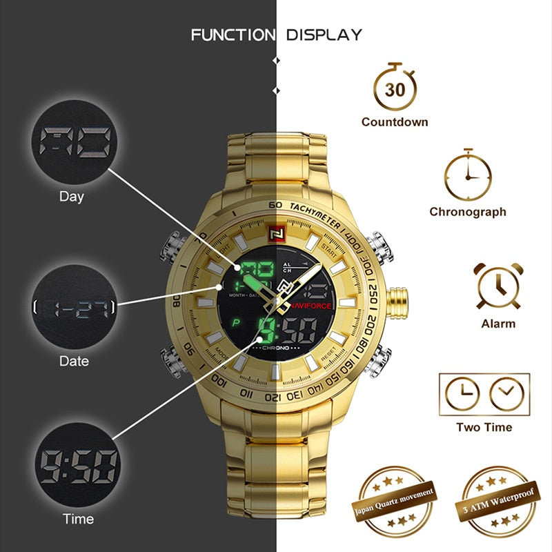 NAVIFORCE Luxury Brand Mens Watches Military Sport Digital Quartz WristWatch For Men Stainless Steel Waterproof Big Clock Male