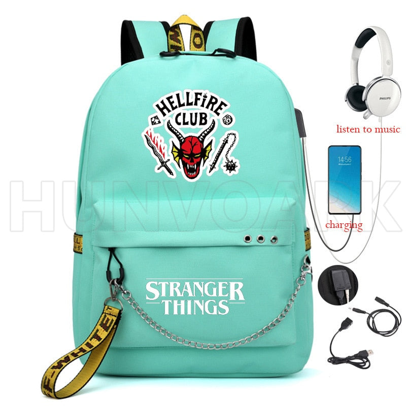 New Stranger Things Rucksack HELLFIRE Multifunktions-USB-Lade-Reise-Segeltuch-Studenten-Rucksack für Teenager Jungen Mädchen Schultasche