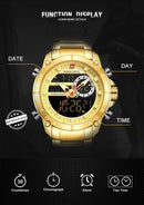 NAVIFORCE Luxury Original Men Sports Wrist Watch Gold Quartz Steel Waterproof Dual Display Clock Watches Relogio Masculino 9163