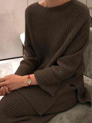 SMTHMA, nueva moda de invierno, suéter de punto cálido grueso para mujer, trajes de dos piezas + conjunto de pantalones de pierna ancha sueltos de cintura alta