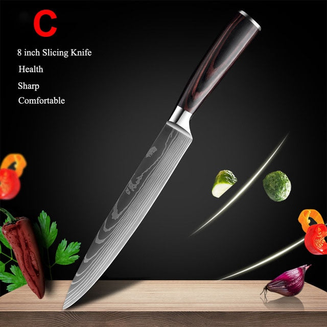 Japanese Kitchen Knife Set Laser Damascus Pattern Stainless Steel  Sharp Cleaver Slicing Utility Knives Kitchen Tools