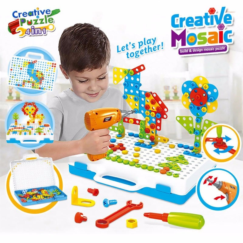 Tornillo de perforación 3D creativo mosaico rompecabezas juguetes para niños juguetes de bloques de construcción niños DIY taladro eléctrico conjunto niños juguete educativo