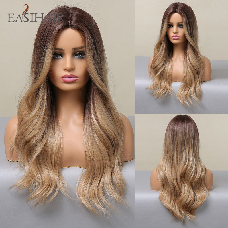 EASIHAIR largo rubio claro Ombre pelucas de estilo ondulado Natural pelucas sintéticas resistentes al calor pelucas de Cosplay de pelo de parte media para mujeres