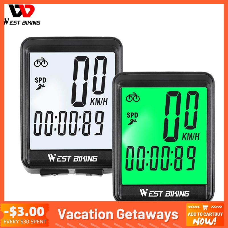 WEST BIKING Waterproof Wireless Bicycle Computer Wired LED Speedometer MTB Bike Cycling Odometer Stopwatch White Green Backlight