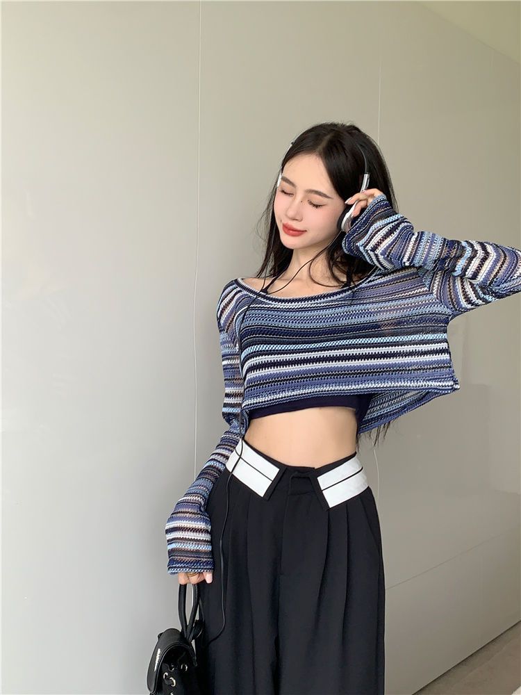 Deeptown Y2K Harajuku Striped T-shirts Women Crop Tops Vintage Streetwear Sexy Sweet Casual E Girl Long Sleeve T-Shirts Fashion