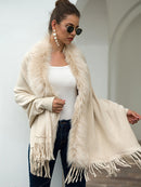 Fitshinling Fur Collar Winter Shawls And Wraps Bohemian Fringe Oversized Womens Winter Ponchos And Capes Batwing Sleeve Cardigan