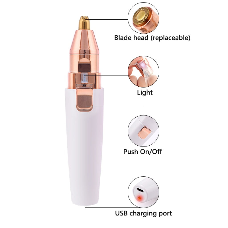 2 In 1 Electric eyebrow trimmer USB Rechargeable hair remover women shaver  LED light lady Epilator Razor face Makeup Tool