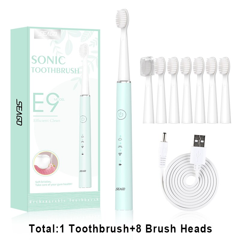 SEAGO Electric Toothbrush Sonic Rechargeable Travel Waterproof  Electronic Tooth 8 Brushes Soft Replacement Heads For Adult Gift