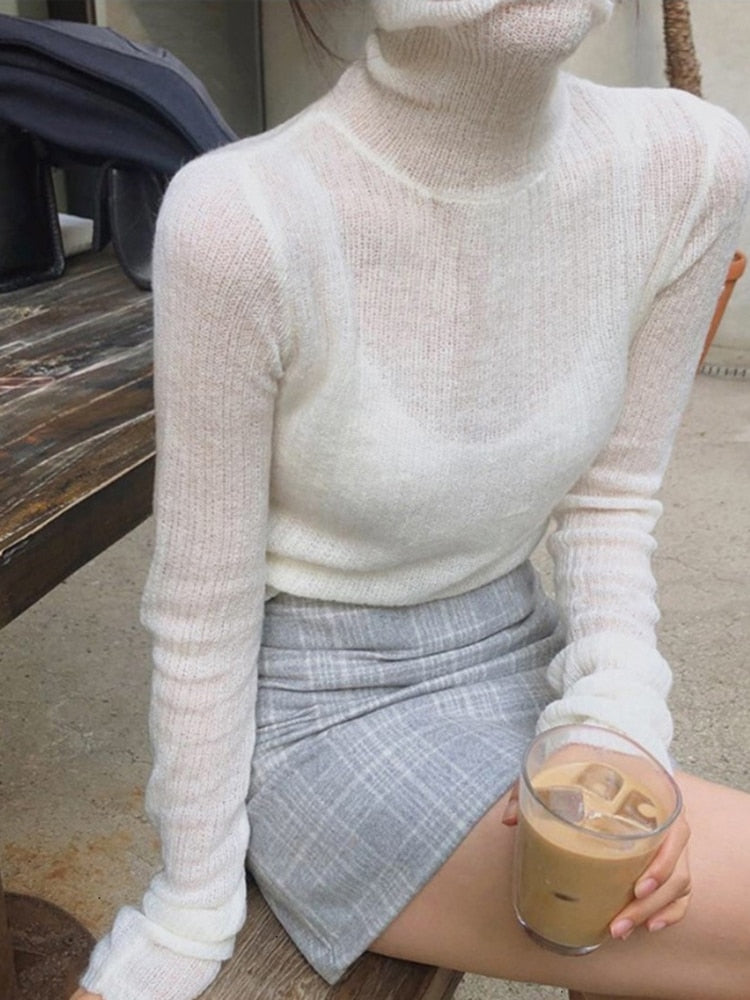 TWOTWINSTYLE White Korean Knitted Sweater For Women Turtleneck Long Sleeve Autumn Slim Pullover Female Clothing Fashion New 2020