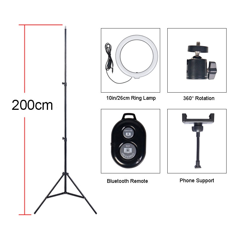 10&quot; Selfie Ring Light With Tripod Professional Photography Circle Ring Lamp Phone Holder Dimmable Ringlight For Youtube Makeup