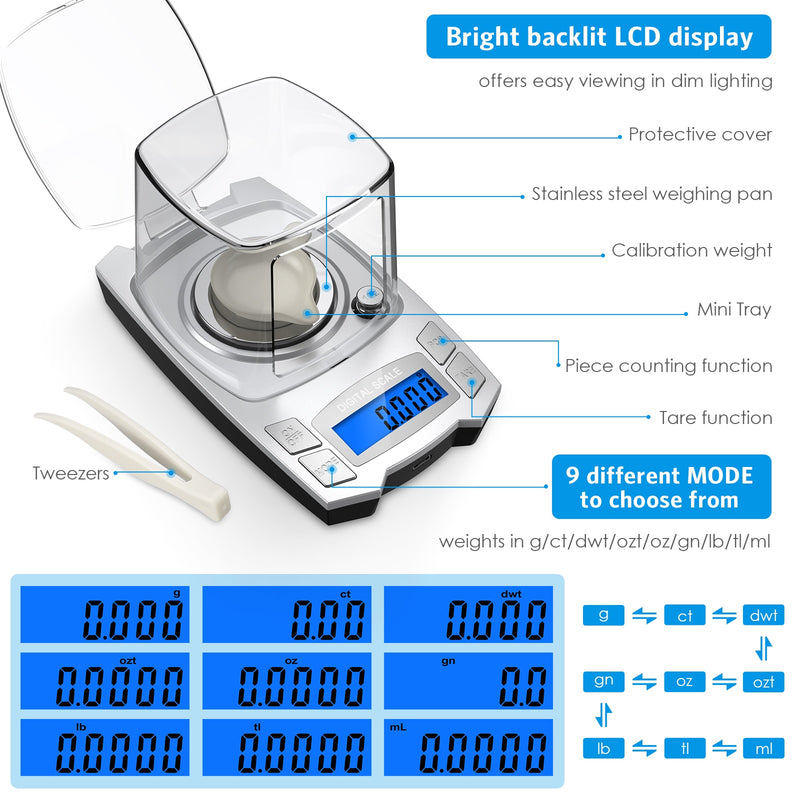 0.001g Precision Electronic Scales 100g/50g USB Charging Digital Weighing Jewelry Scale Portable Lab Weight Milligram Scale