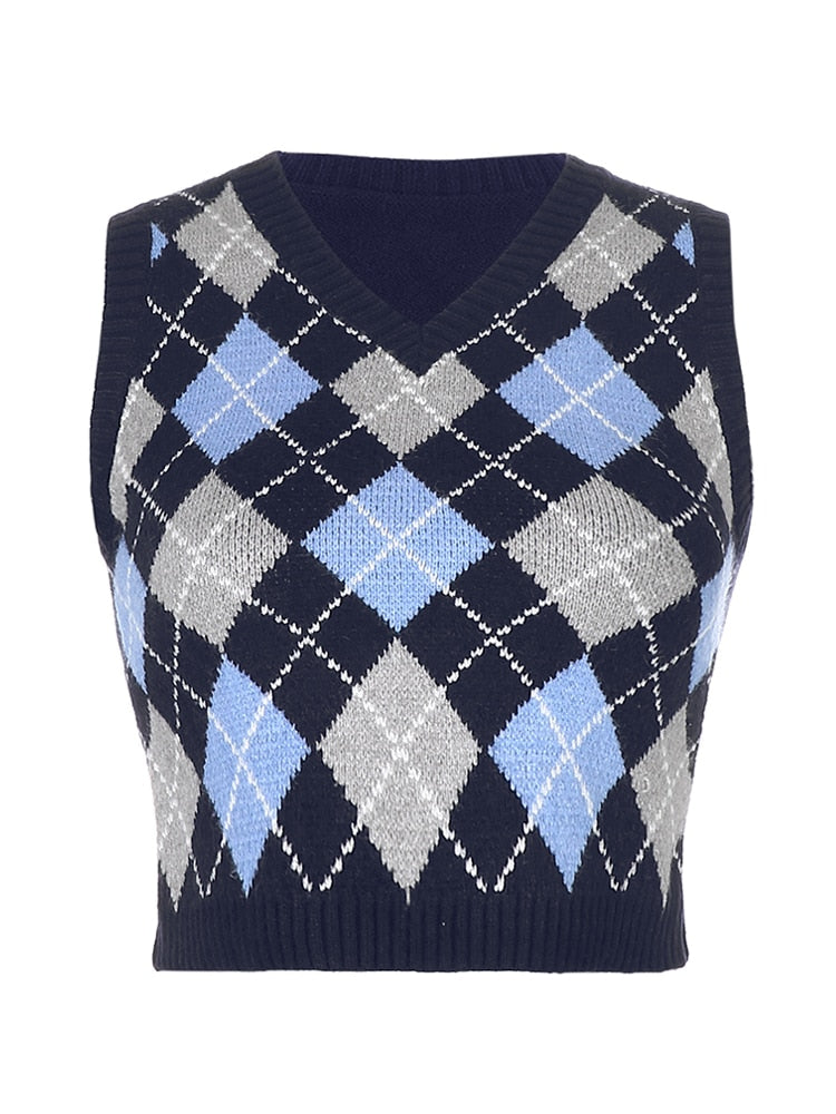 HEYounGIRL V-Ausschnitt Vintage Argyle Pullover Weste Damen schwarz ärmellos kariert gestrickt Crop Pullover lässig Herbst adrette Art