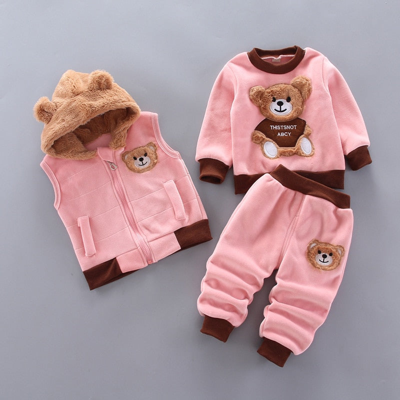 Ropa de invierno con capucha para niñas, conjuntos de Navidad para niños, chaleco, abrigo y pantalón, trajes de 3 piezas para niños, ropa de oso de dibujos animados para niños de 1 a 4 años