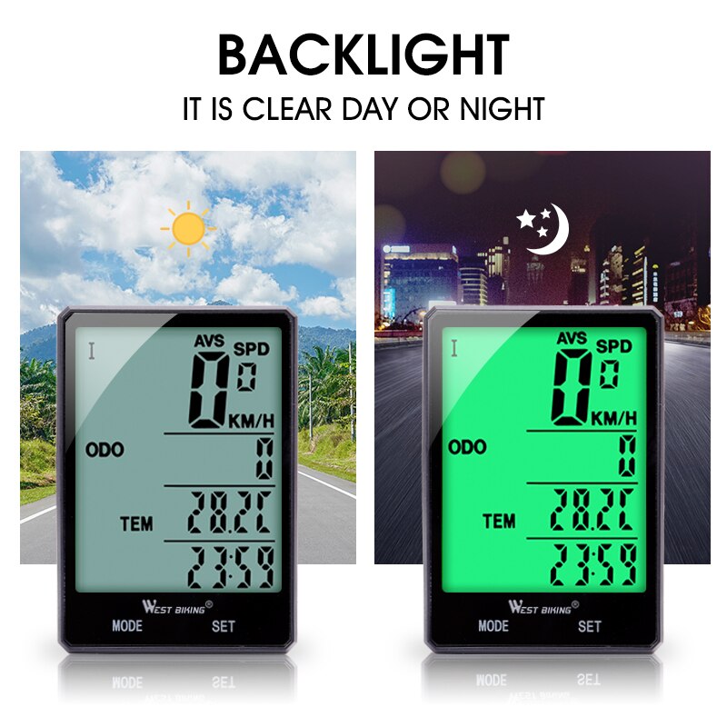 WEST BIKING Cycling Speedometer Digital Large Screen Waterproof LCD Backlight Wireless and Wired Bike Odometer Bicycle Computer