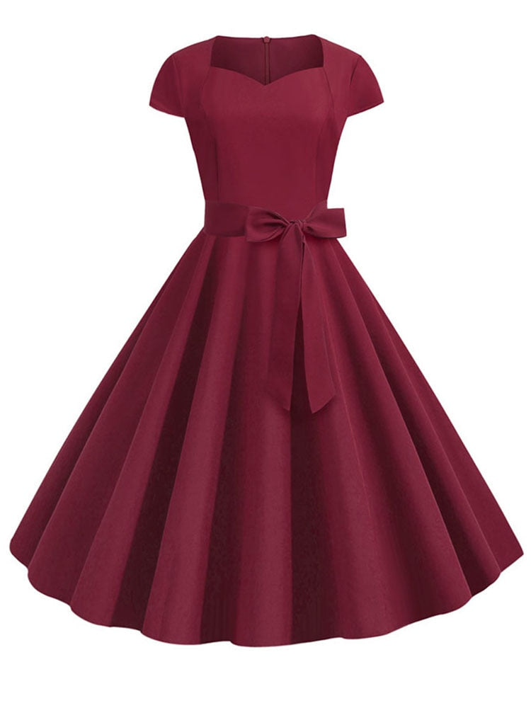 Verano Mujer Vintage vestido 50S 60S manga corta Casual elegante Retro Oficina fiesta Midi vestido bata mujer sólido Vestidos