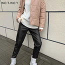 WOTWOY Hohe Taille Gespleißt Lose Lederhose Frauen Herbst Solide Kordelzug PU Lederhose Frauen Gerade Hosen Weiblich 2021