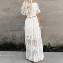 Happie Queens Summer 2021 Women Lace Embroidery Long Sleeve V-neck White Chiffon Beach Dress Lady mesh Patchwork Boho Dresses