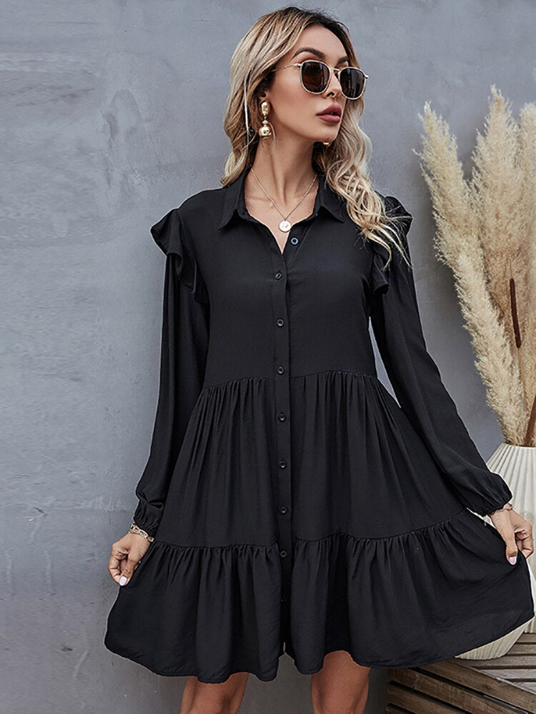 Aachoae Summer Autumn Women Black Dress Ruffles Long Sleeve Elegant Shirt Dress Loose Casual Pleated Mini Dress Sundress Robe