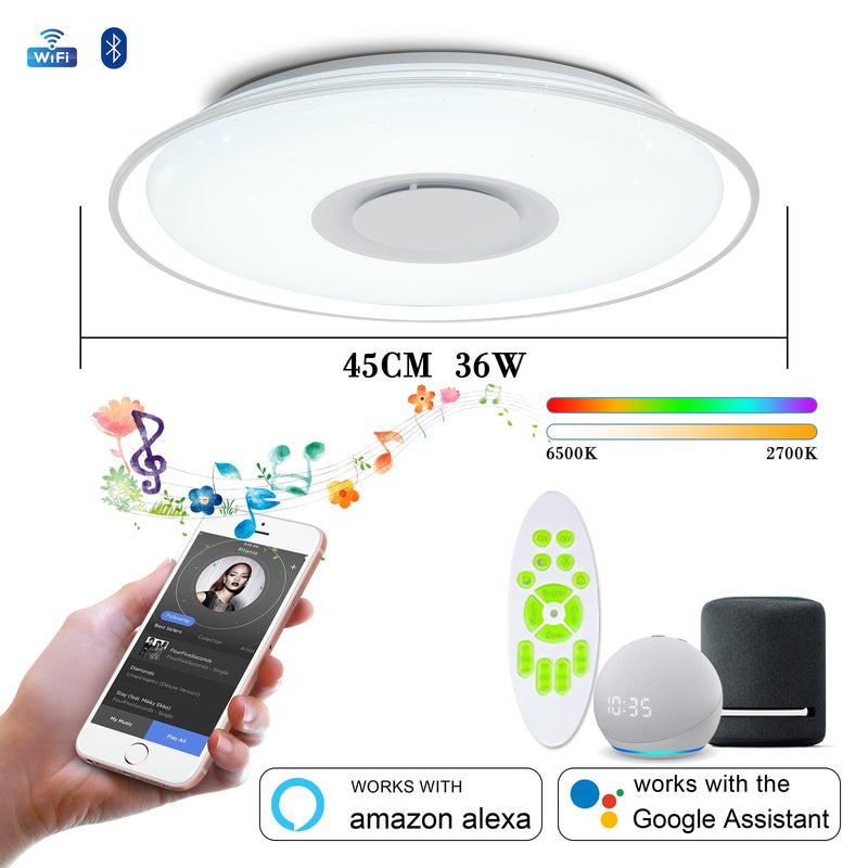 Luces de techo inteligentes con altavoz RGB Color regulable aplicación remota Control de voz con Alexa 55W 45W para sala de estar dormitorio