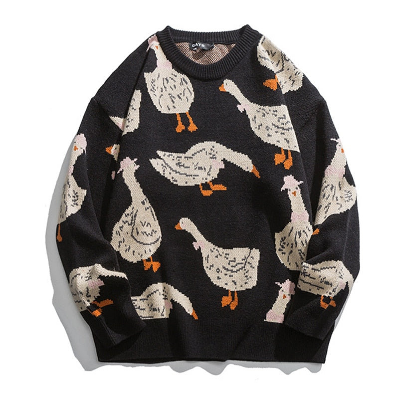 Japanese Knitted Sweater Men Cartoon Animal Duck Goose Print Pullover Harajuku Casual O-neck Oversize Top Streetwear Unisex Fall