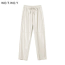 WOTWOY Hohe Taille Gespleißt Lose Lederhose Frauen Herbst Solide Kordelzug PU Lederhose Frauen Gerade Hosen Weiblich 2021