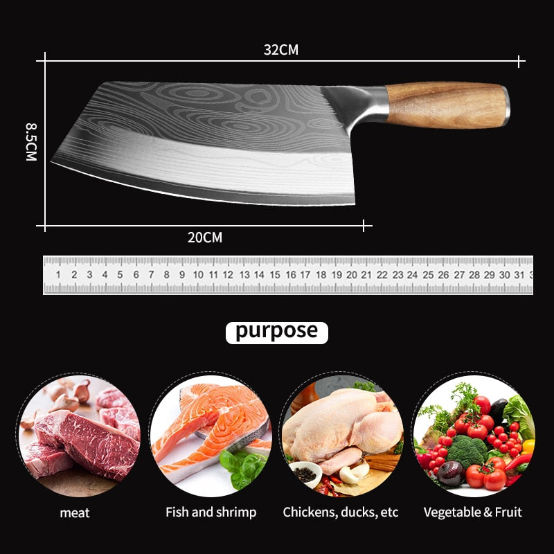 Kitchen Knife Cleaver Chef Knife Stainless Steel Razor Sharp Slicing Chopping Meat Chinese Butcher Knife Wood Handle Slicer