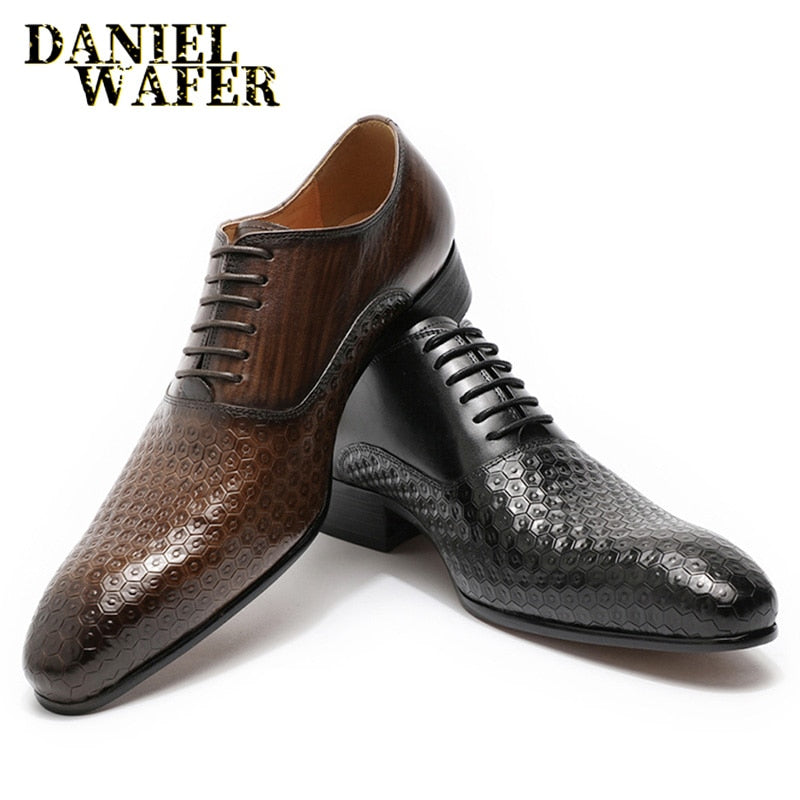 Zapatos de hombre Daniel Wafer de lujo de cuero genuino con estampados geométricos para oficina, boda, hombre, zapatos Oxford formales con cordones negros y punta estrecha