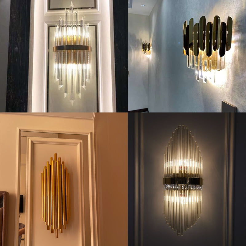 Envío rápido, luz de pared interior moderna de cristal dorado para dormitorio, mesita de noche, decoración de sala de estar, aplique LED, lámpara de baño