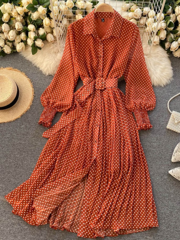 Primavera y verano francés Vintage Maxi vestido 2021 vestido de mujer de manga larga naranja lunares gasa vestidos plisados ​​bata de mujer