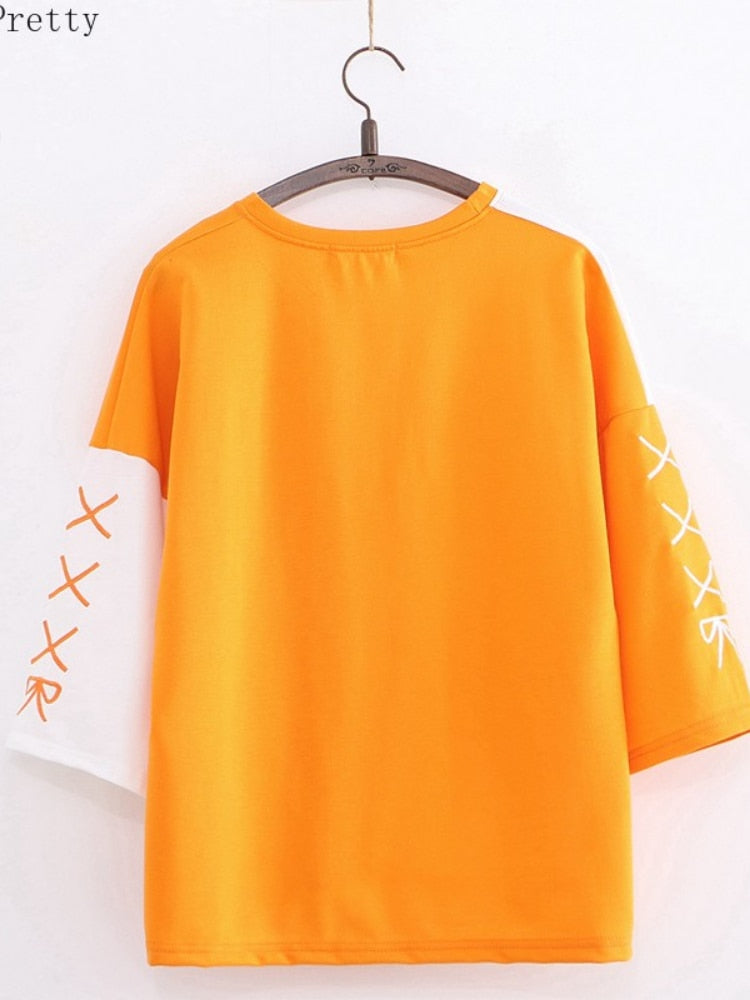 Camiseta coreana de verano para mujer, ropa Kawaii, camiseta de algodón de manga corta con retazos bordados en naranja, Tops bonitos para chicas