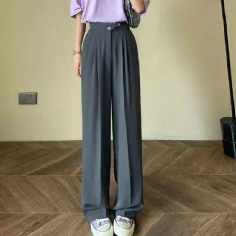 Fashion Summer Thin Solid Color Drape Mop Pants Femme All-match Patchwork Two Buttons Higt Waist Pleated Casual Loose Trousers