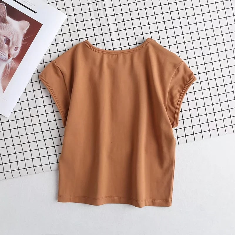 Women Bear Print Crop Tee Short Sleeve Slim Fit T-shirt