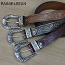 RAINIE SEAN Men's Waist Belt Jeans Genuine Leather Embossed Pin Belt Burgundy Vintage Male High Quality Real Cow Leather Belts