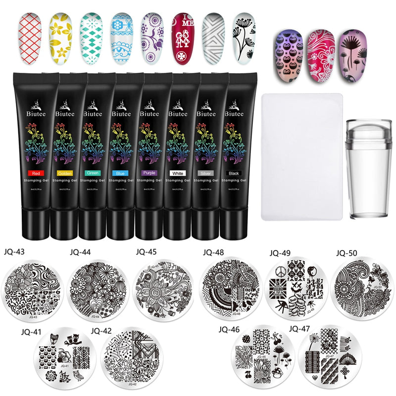 Biutee 8Colors Kit Nail Stamping Gel Polish Set 8ml Stamp Print Oil UV Gel Vanish Soak Off Varnish For Nail Art Stamping Plates