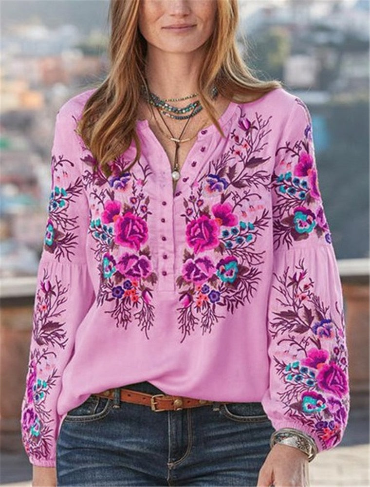 Blusa elegante para mujer, camisas de talla grande, blusas para mujer, camisa de manga larga con estampado de flores, blusas de gran tamaño, ropa para mujer