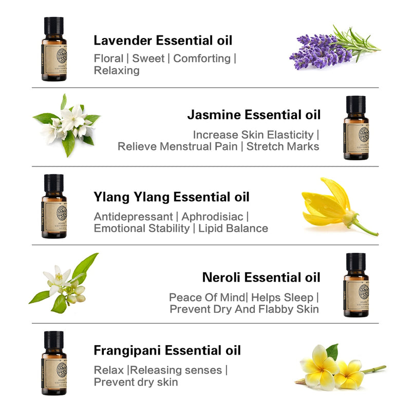 AKARZ Flower Serie 10 Sets Lavendel Jasmin Rose Ylang Neroli Frangipani Lotus Pfingstrose Osmanthus Veilchen Ätherisches Öl