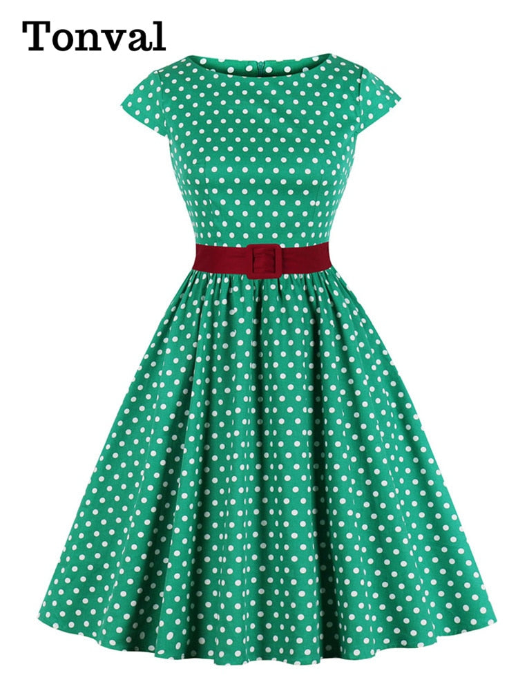 Tonval Green Retro Polka Dot 1950s Rockabilly Pleated Belted Dress Cap Sleeve Summer Women High Waist Vintage Dresses