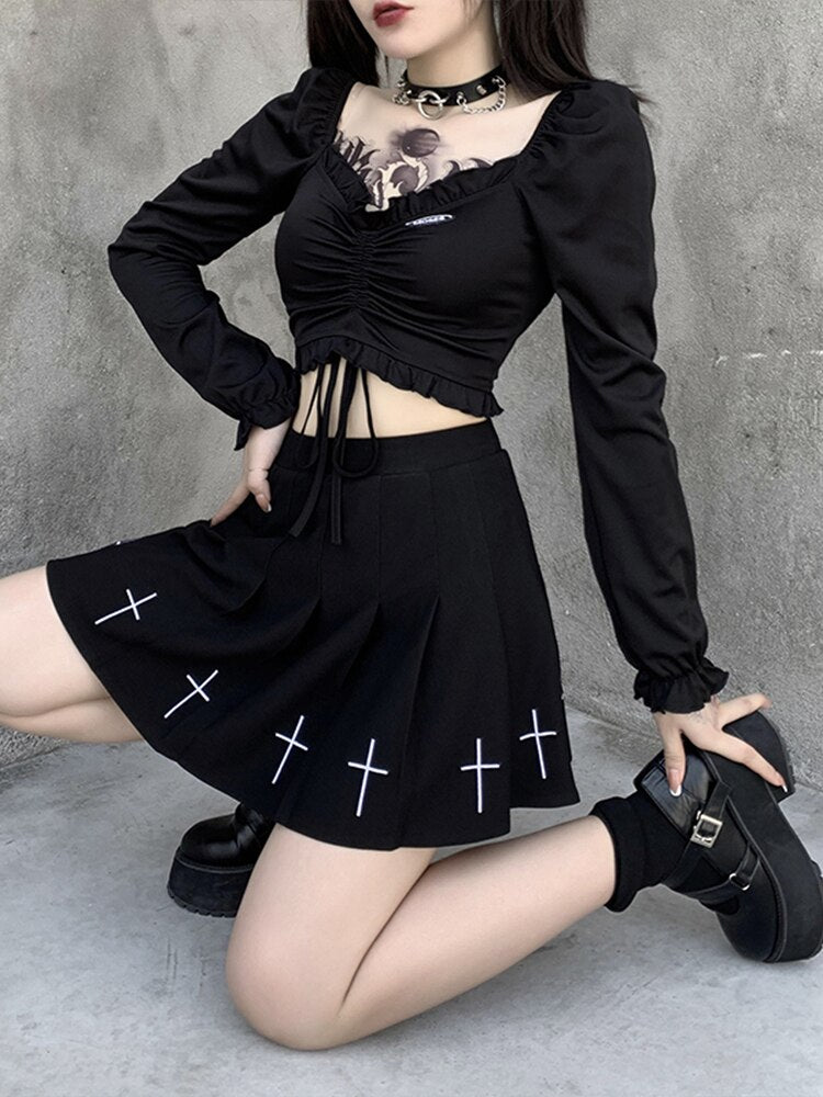 InsGoth Bandage Bodycon Langarm Crop Tops Damen Schwarz V-Ausschnitt Streetwear Punk Slim Tops Herbst Gothic Harajuku Top