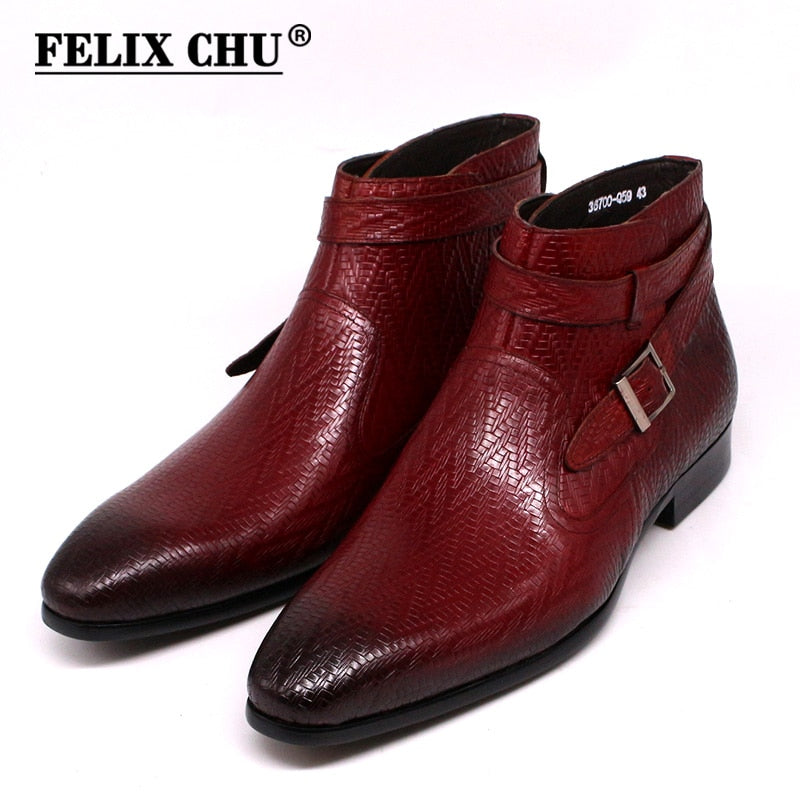 Botines hechos a mano para hombre Felix Chu, botas de moto de cuero genuino para hombre, zapatos de vestir altos con correa de hebilla roja negra para hombre