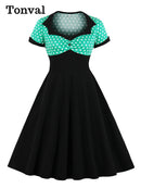 Tonval Two Tone Sweetheart Neck Button Front Vintage Party Dresses Women Pinup Retro Polka Dot A Line Summer Swing Dress