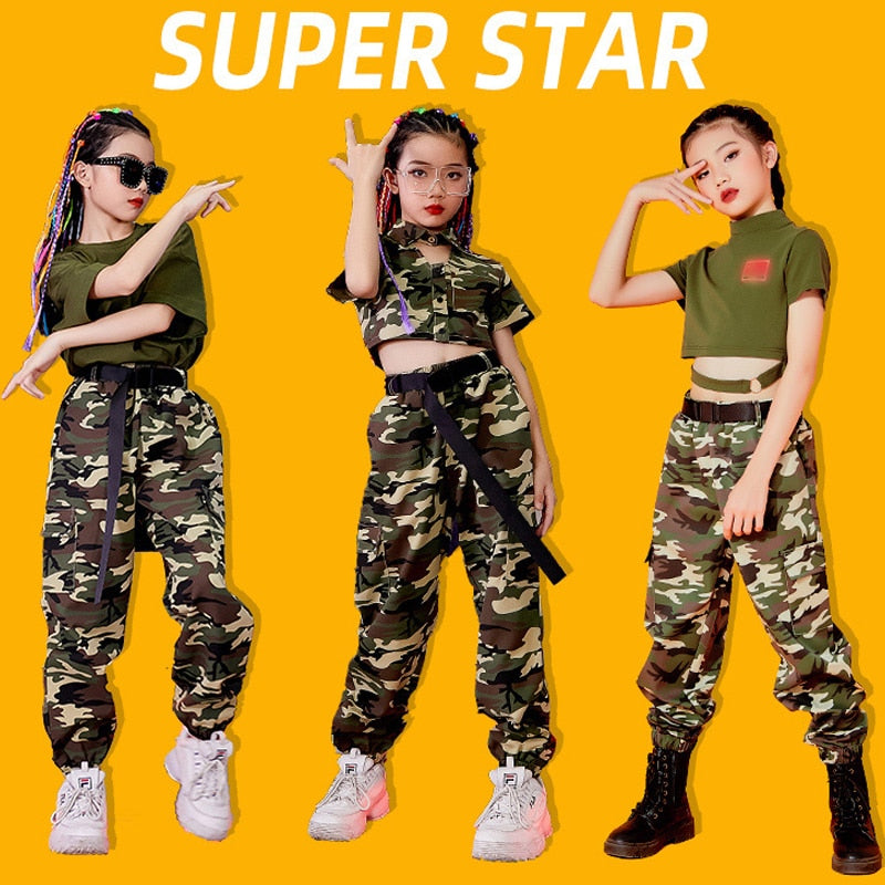 New Hip Hop Girls Clothes Short Sleeve Camouflage Suit Hiphop Pants Boys Street Dancewear Camp Military Training Clothing BL4410