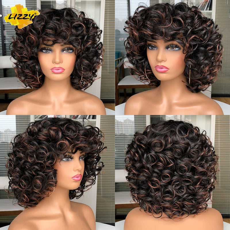 Kurzhaar-Afro-Lockenperücke mit Pony, lose, synthetische, flauschige, schulterlange, natürliche Perücken für schwarze Frauen, dunkelbraun, 35,6 cm