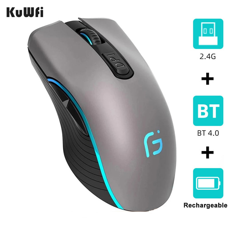 KuWFi Computer Mouse Bluetooth 4.0+2.4Ghz Mouse Wireless Dual Mode 2 In 1 2400DPI Ergonomic Portable Optical Mice for PC/Laptop