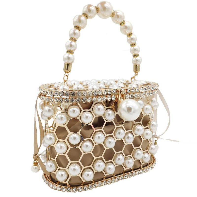 Boutique De FGG Pearl Beaded Evening Bucket Clutch Bag Women Luxury Rhinestone Shoulder Bag Party Purse Ladies Diamond Handbags