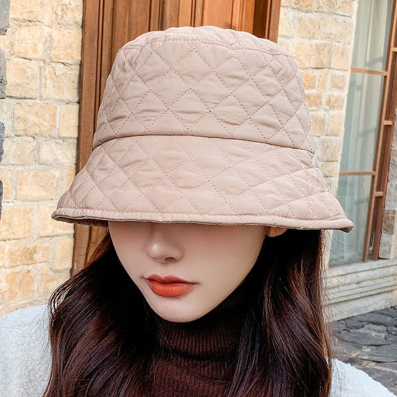 Sparsil Women Autumn Winter Foldable Bucket Hats Solid Lattice Silk Wadding Caps Keep Warm Prevent Cold Basin Fisherman Hat