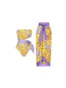 Vintage Purple with Yellow Leaves Bikini Sets Swimsuit & Skirt Hollow Out One Piece Off Shoulder Swimwear Beach Bathing Suits