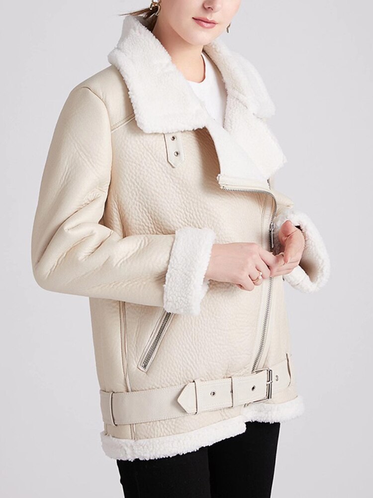 Ailegogo 2022 Winter Coats Women Thick Faux Leather Fur Sheepskin Coat Female Fur Leather Jacket Aviator Jacket Casaco Feminino