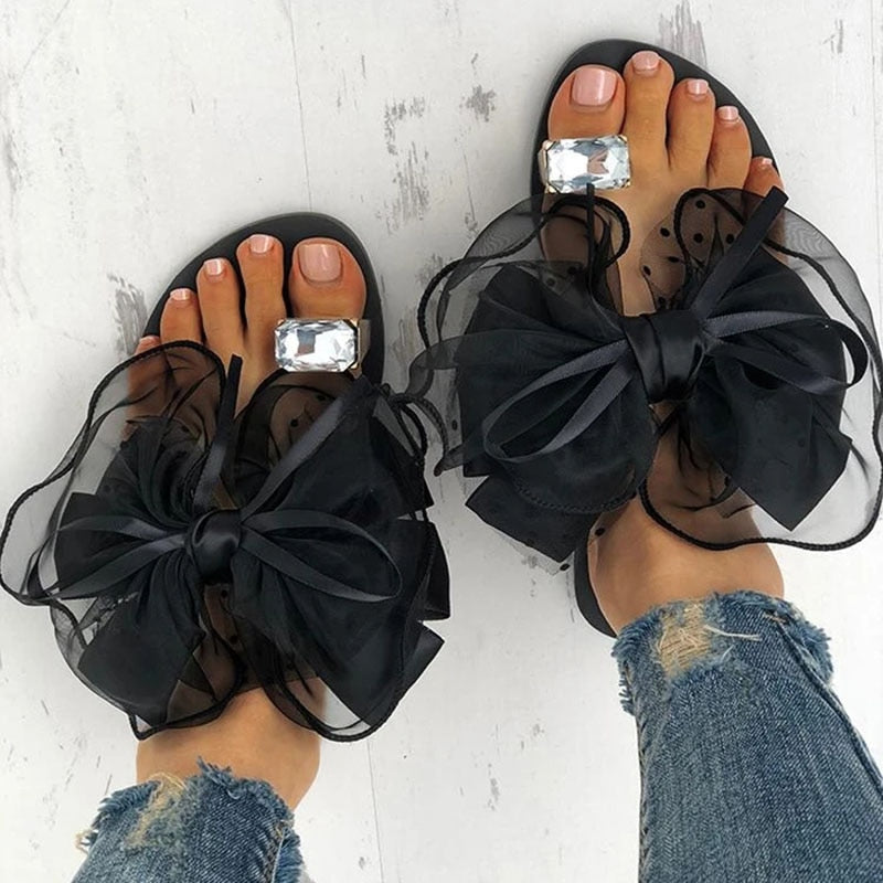 Sommer Nette Bowtie Schmücken Rutschfeste Sandalen Pantoffel Wohnungen Maultiere Lässige Mode Weibliche Flip Flops Mesh Strand Slides 2022 Heiß